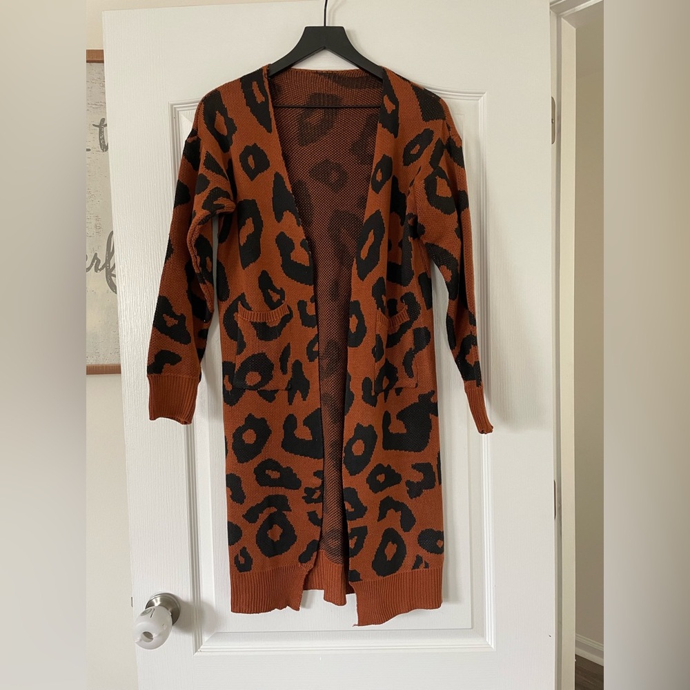Black and Brown Leopard Longline Cardigan with Pockets - Size Small